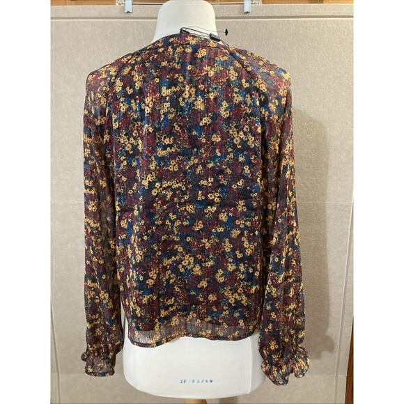Frye Women’s Floral Button Up Blouse Sz S New Ruffle Western Peasant Red Gold - Picture 6 of 9